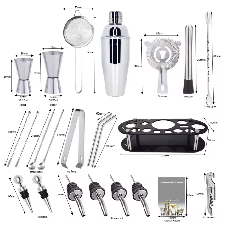 22-teiliges Cocktail Shaker Set aus Edelstahl – Barwerkzeug-Set mit Ständer & 750 ml Shaker