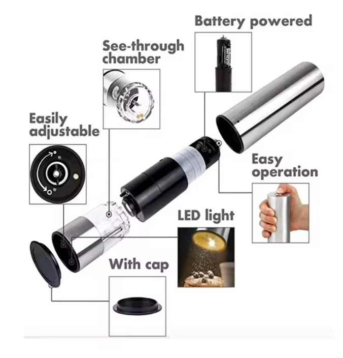 Elektrische Salz- oder Pfeffermühle aus Edelstahl – Automatische Einhand-Gewürzmühle mit Licht