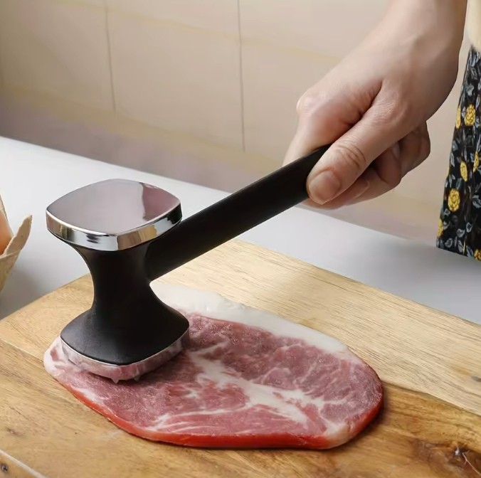 Fleischklopfer mit Edelstahlkopf – Küchenhammer mit rutschfestem Gummigriff