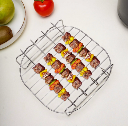 Edelstahl Airfryer Grillrost mit Spießen – Doppelstöckiges BBQ Rack Zubehör für Heißluftfritteuse