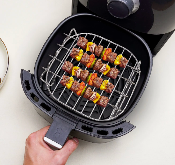 Edelstahl Airfryer Grillrost mit Spießen – Doppelstöckiges BBQ Rack Zubehör für Heißluftfritteuse