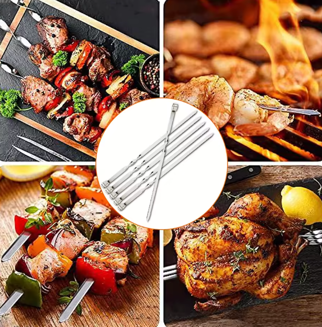 6er Set Edelstahl Grillspieße 45 cm – Flache BBQ Spieße für Fleisch, Camping & Outdoor Grillen