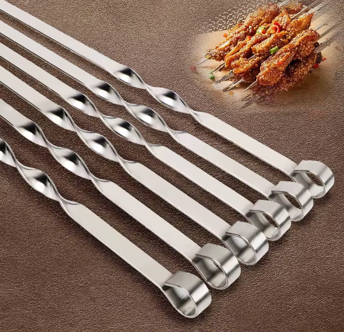 6er Set Edelstahl Grillspieße 45 cm – Flache BBQ Spieße für Fleisch, Camping & Outdoor Grillen