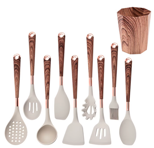 10-teiliges Silikon Küchenutensilien Set mit Holzmuster-Griffen – Antihaft Kochgeschirr Zubehör inkl. Utensilienhalter
