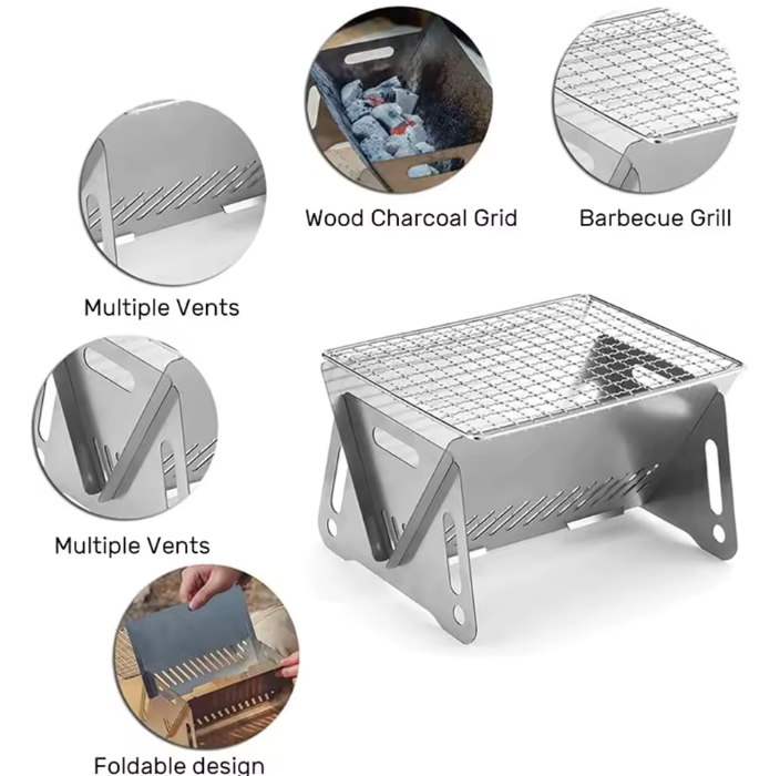 Faltbarer Mini Camping Grill – Tragbarer BBQ Grillrost & Holzofen