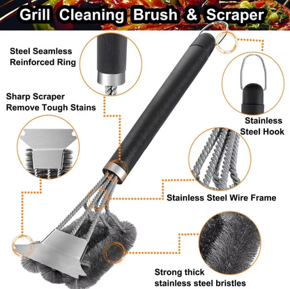 Edelstahl Grillbürste mit Schaber – 360° Grillreiniger für Gas-, Kohle- und BBQ-Grills