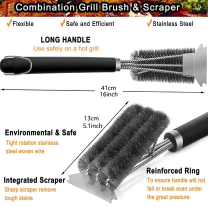 Edelstahl Grillbürste mit Schaber – 360° Grillreiniger für Gas-, Kohle- und BBQ-Grills