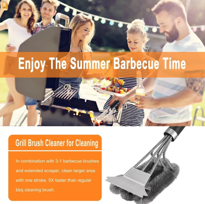 Edelstahl Grillbürste mit Schaber – 360° Grillreiniger für Gas-, Kohle- und BBQ-Grills