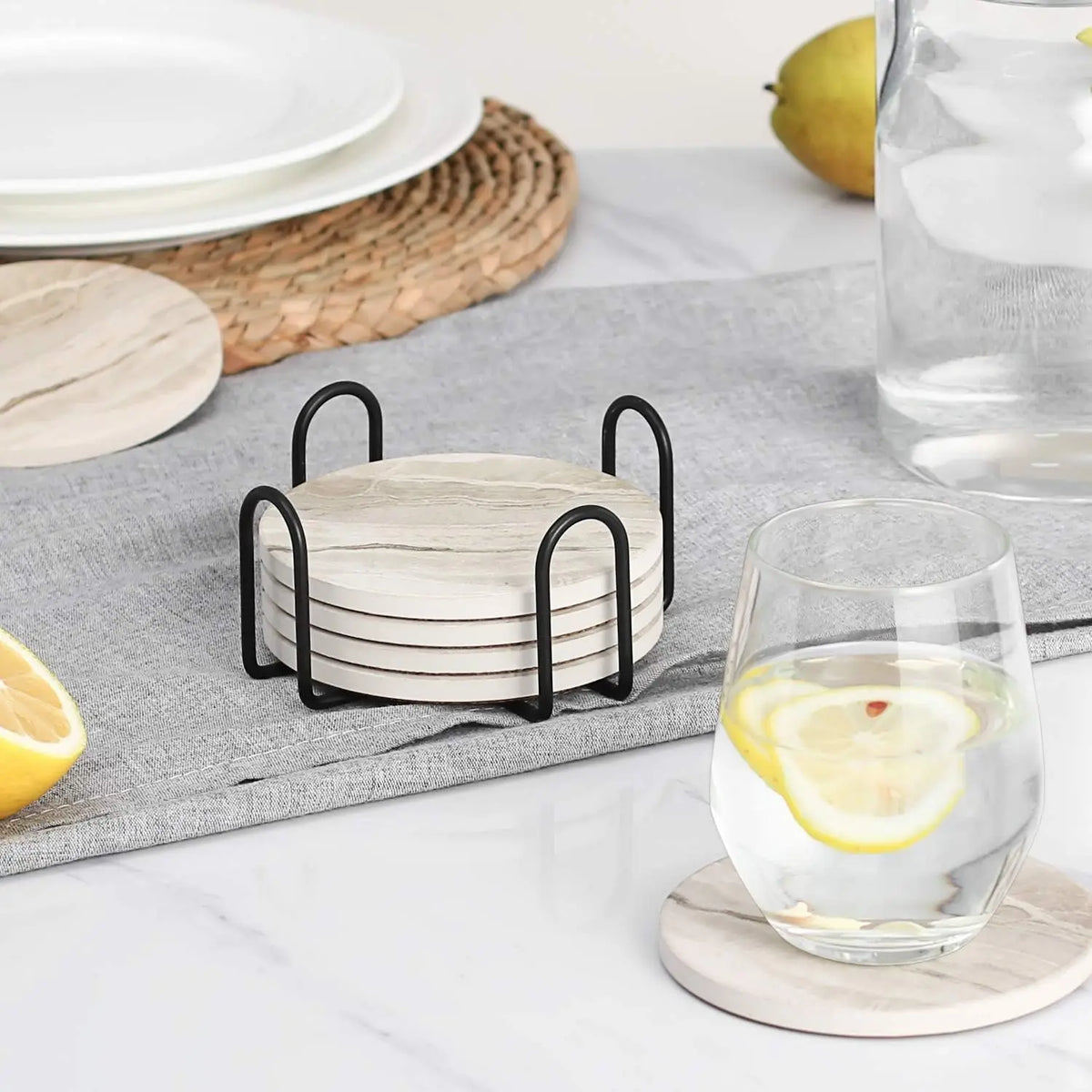 Elegantes Keramik-Untersetzer-Set mit Marmoroptik und Metallhalter – 6-teilig für stilvollen Tischschutz 1