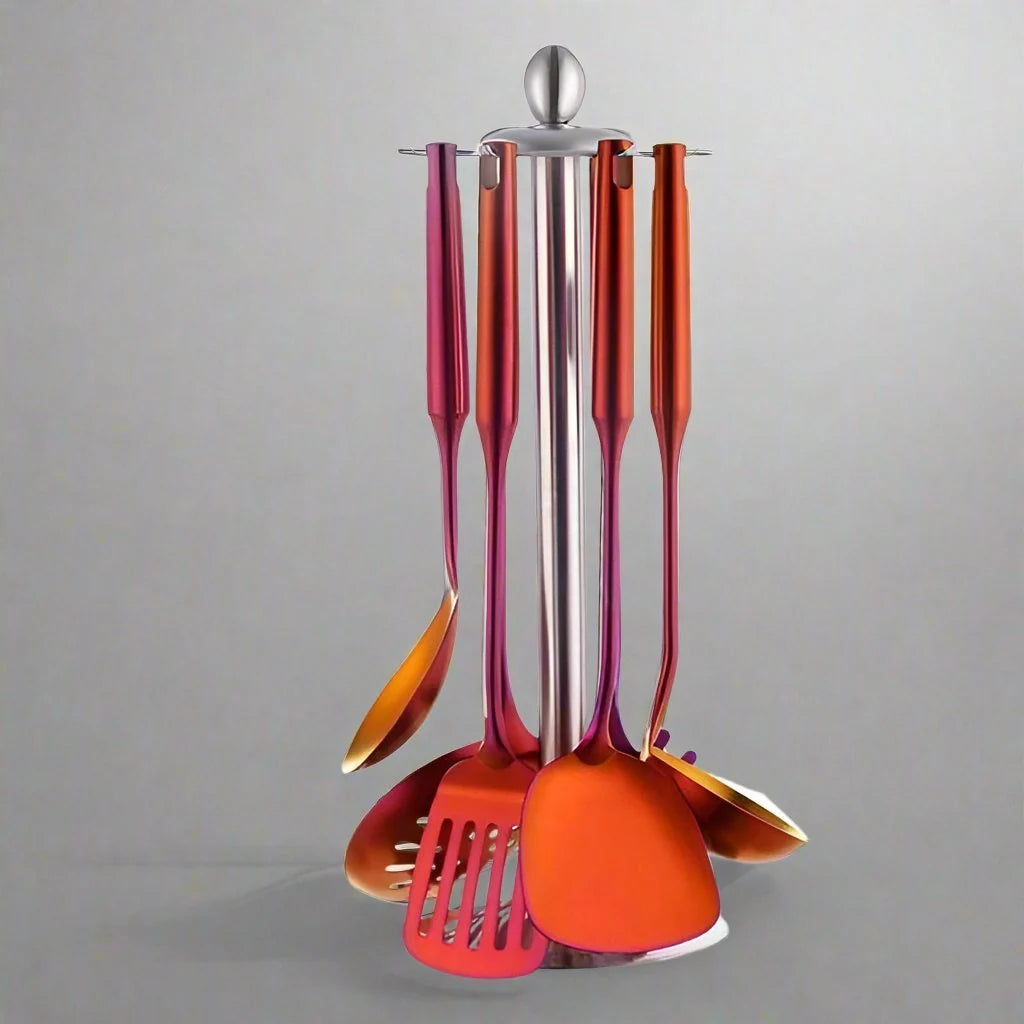 Küchenhelfer Set | 7-teiliges Edelstahl-Kochgeschirr mit Regenbogen-Metallic-Beschichtung | Ergonomische Griffe für hohen Komfort 0