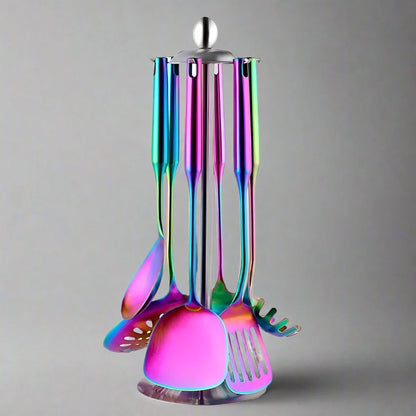 Küchenhelfer Set | 7-teiliges Edelstahl-Kochgeschirr mit Regenbogen-Metallic-Beschichtung | Ergonomische Griffe für hohen Komfort 5