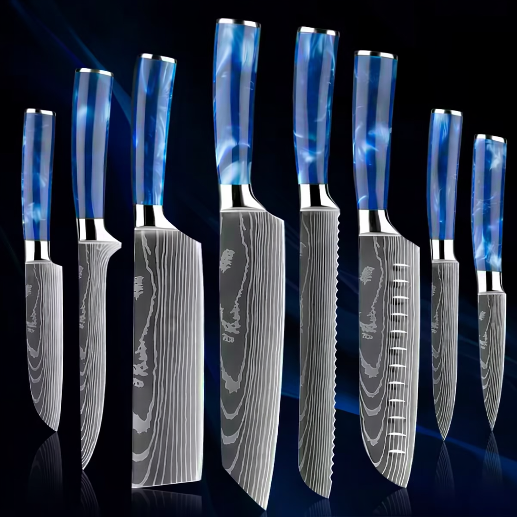 Küchenmesser-Set aus Edelstahl – 8-teiliges Kochmesser-Set mit blauem Harzgriff