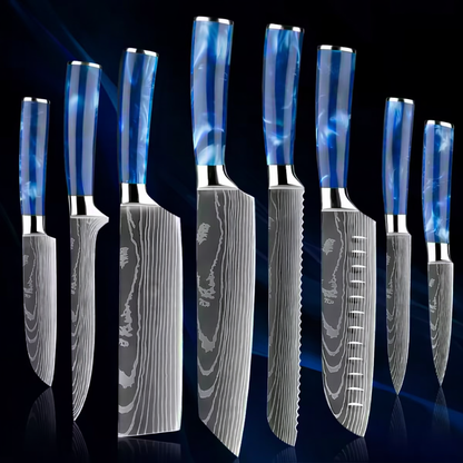 Küchenmesser-Set aus Edelstahl – 8-teiliges Kochmesser-Set mit blauem Harzgriff