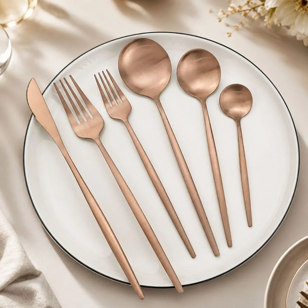 Minimalistisches Edelstahl-Besteckset | 30-teiliges Set mit 5 Gedecken für elegantes Essen 10